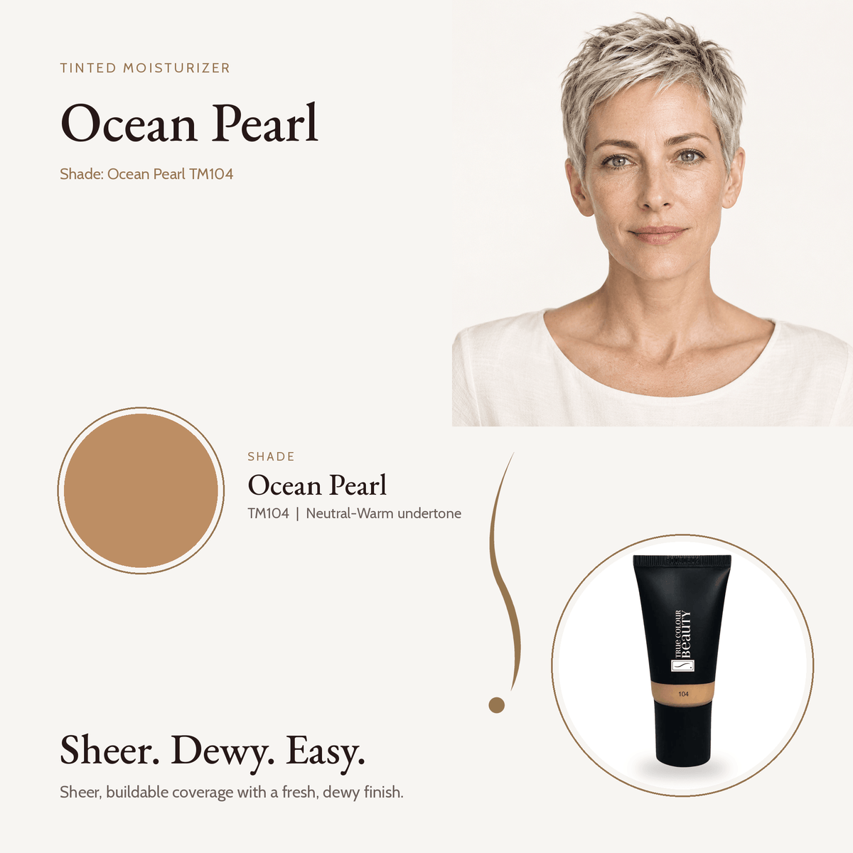 Tinted Moisturizer Ocean Pearl TM104 shade swatch with model
