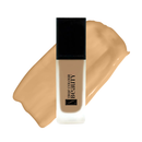Foundation bottle with beige color swatch on a white background