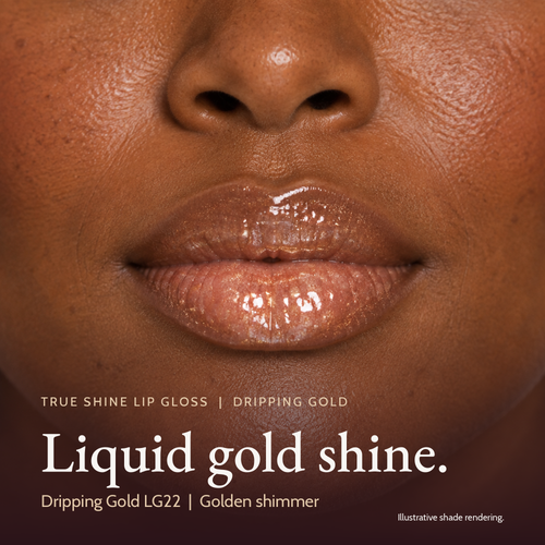 Model wearing True Shine Lip Gloss, Dripping Gold LG22