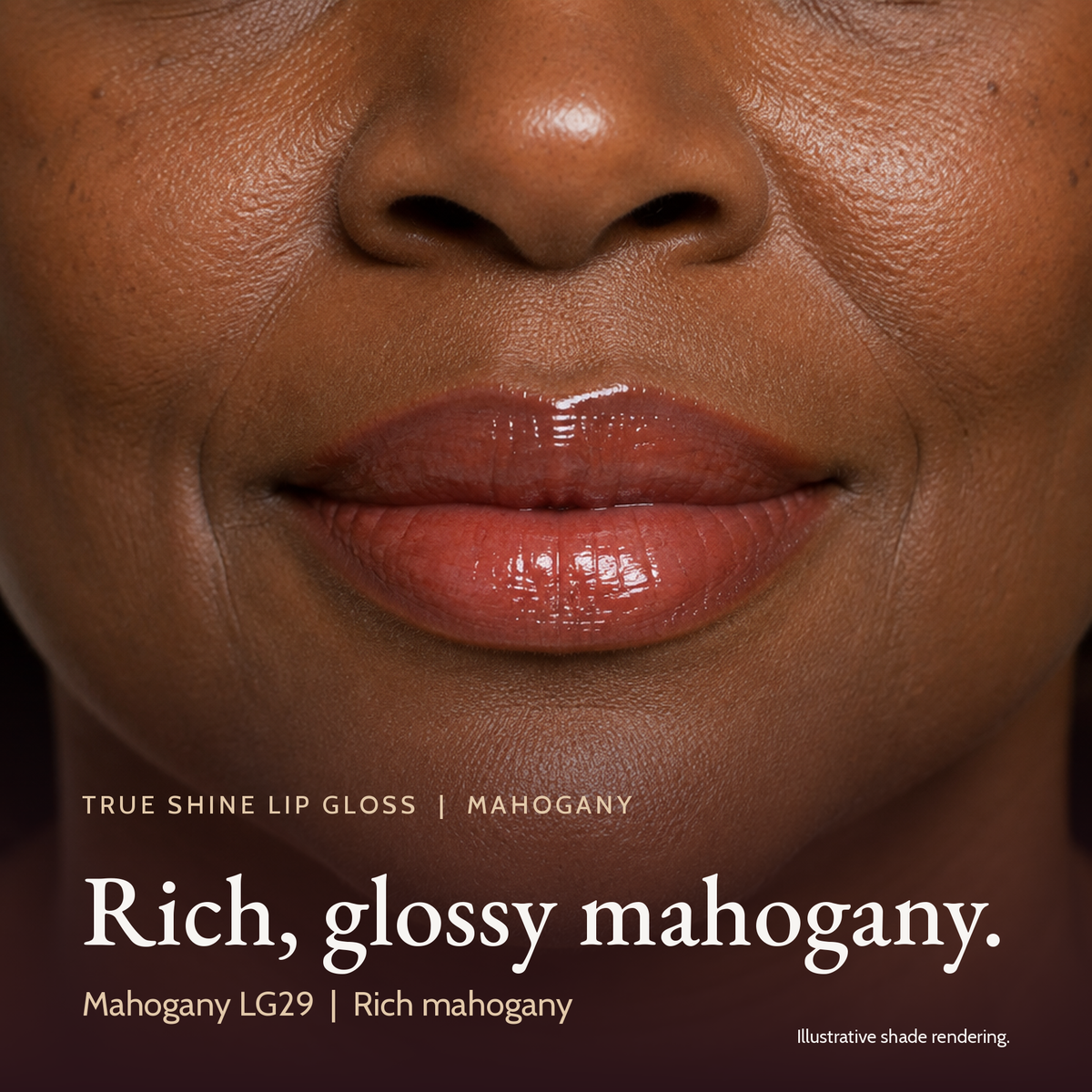 Model wearing True Shine Lip Gloss, Mahogany LG29