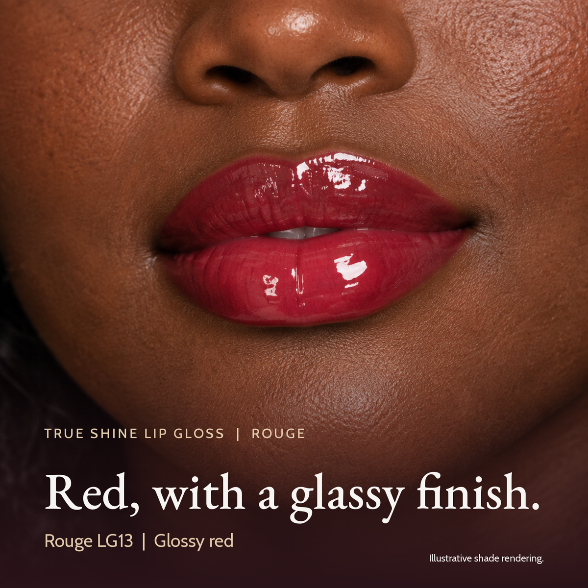Model wearing True Shine Lip Gloss, Rouge LG13