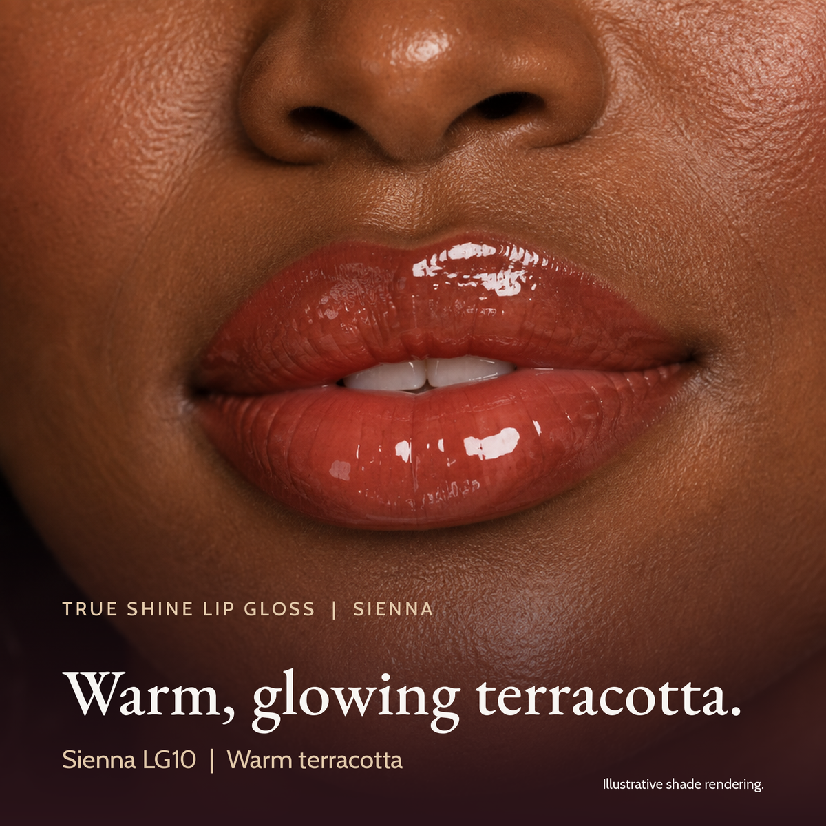 Model wearing True Shine Lip Gloss, Sienna LG10