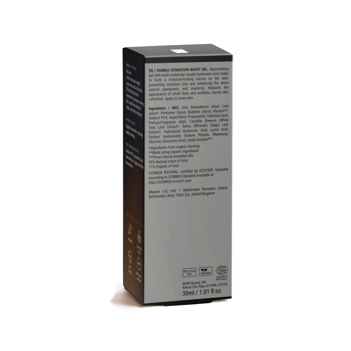 Double Hydration Boost Gel, back of box with ingredients and directions