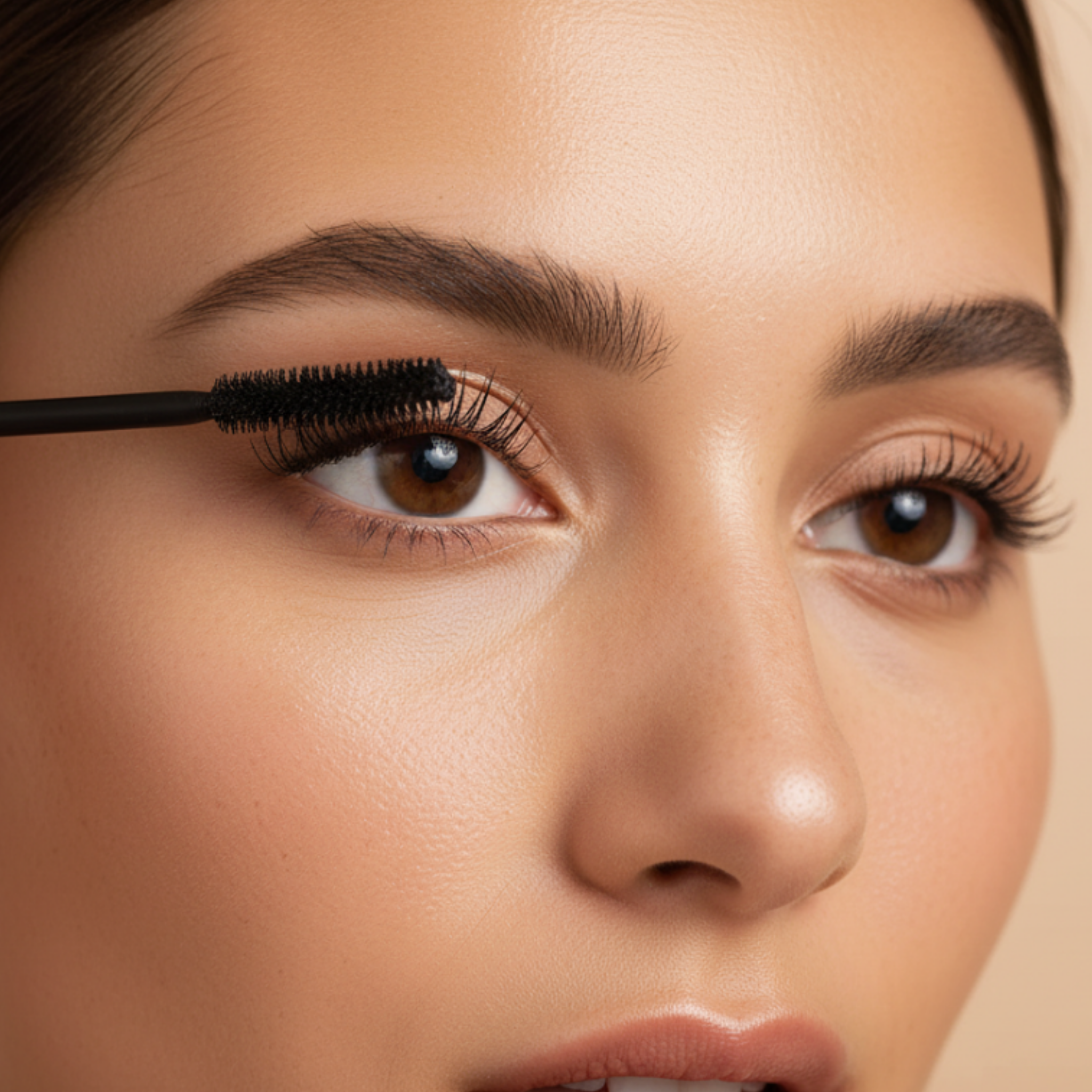 Close-up of a woman applying mascara to her eyelashes with a brush.