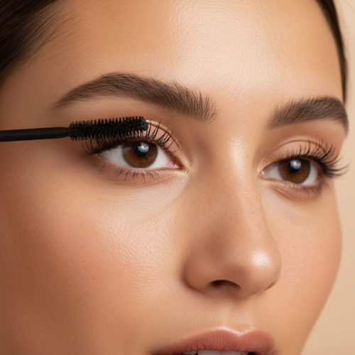 Close-up of a woman applying mascara to her eyelashes with a brush.