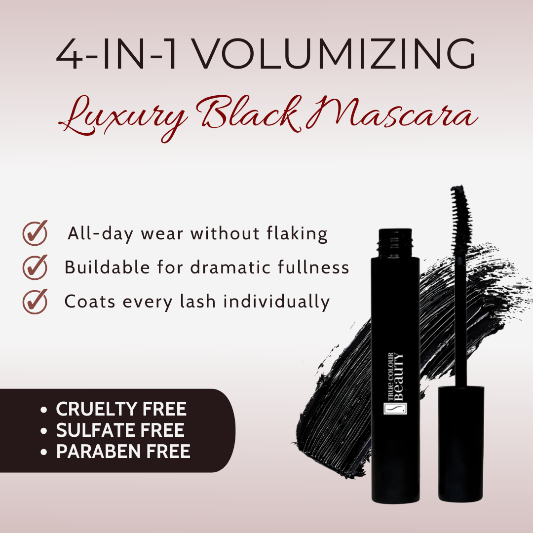 4-in-1 volumizing luxury black mascara with product and features on a light pink background
