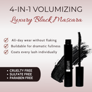 4-in-1 volumizing luxury black mascara with product and features on a light pink background