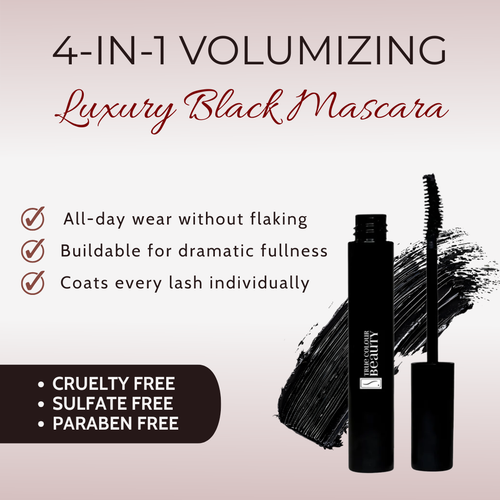 4-in-1 volumizing luxury black mascara with product and features on a light pink background