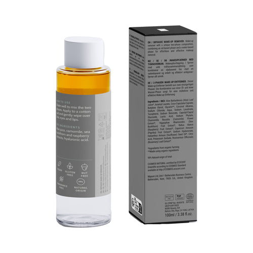 BiPhasic Make-up Remover, bottle and box, back view with ingredients and directions
