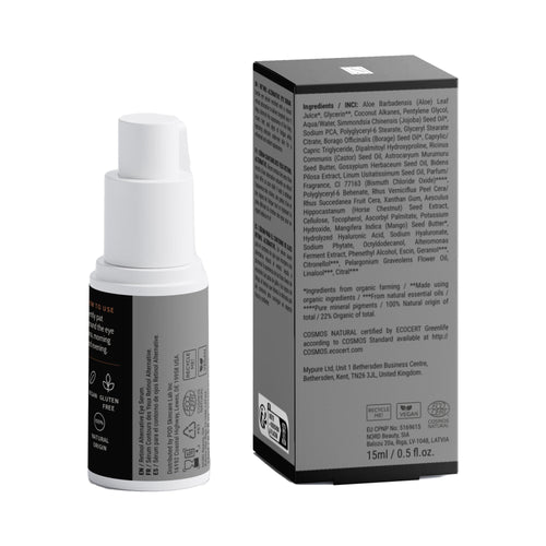 Retinol Alternative Eye Serum, bottle and box, back view with ingredients and directions