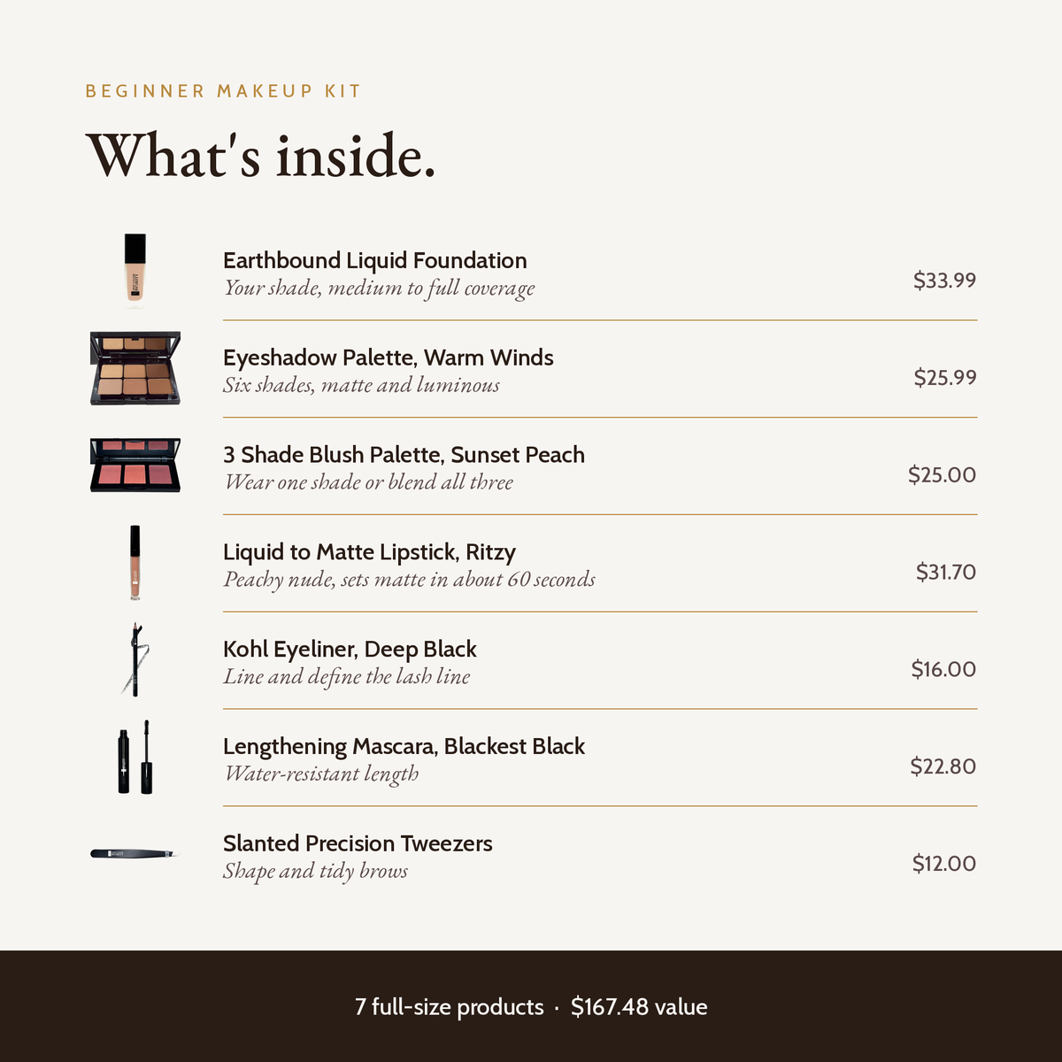 Beginner Makeup Kit Warm Winds, what's inside with product values