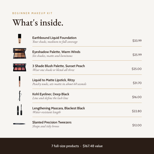 Beginner Makeup Kit Warm Winds, what's inside with product values