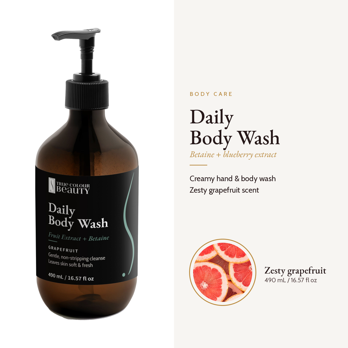 Daily Body Wash Grapefruit bottle with its key ingredient