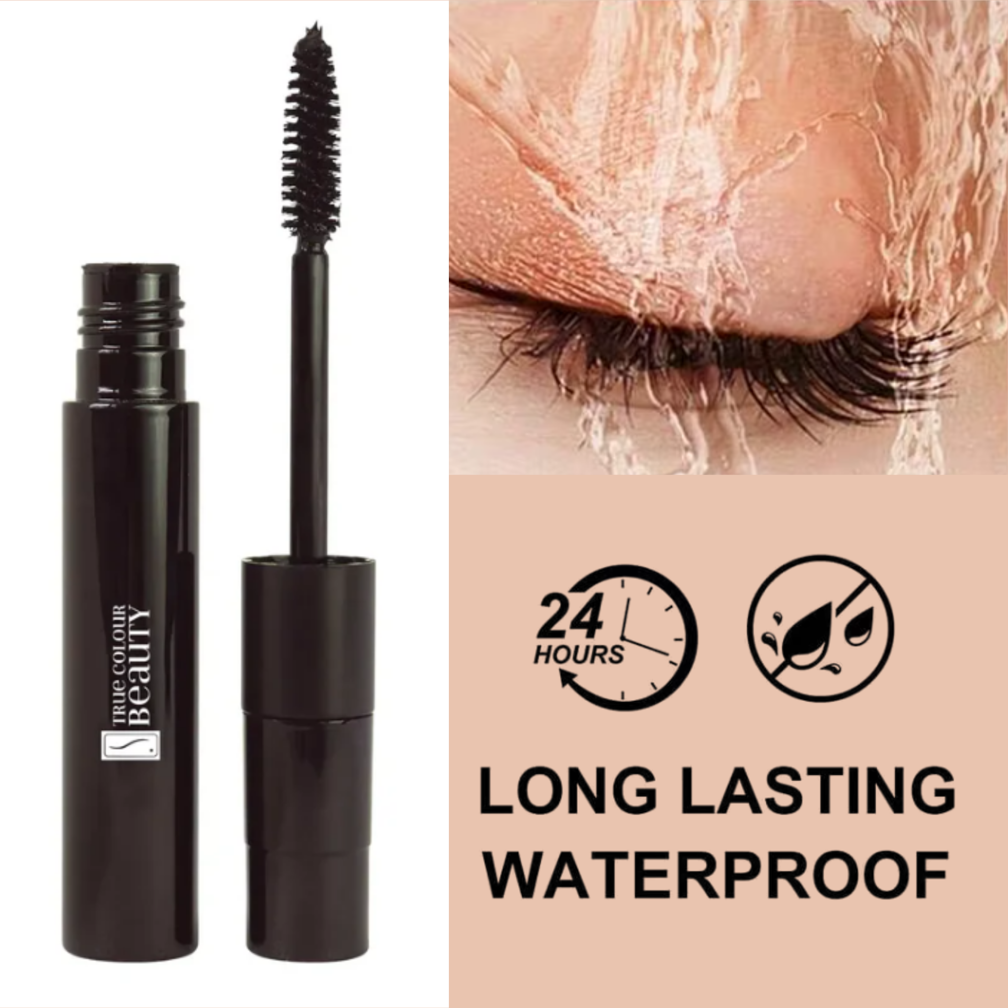 Mascara with 'Long Lasting Waterproof' text and product image on a beige background