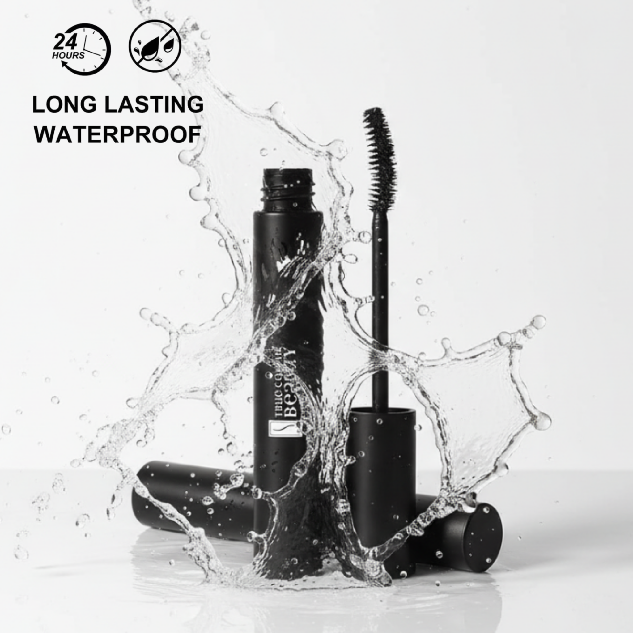 Black mascara with water splashes on a white background, featuring '24 Hours' and 'Long Lasting Waterproof' text.
