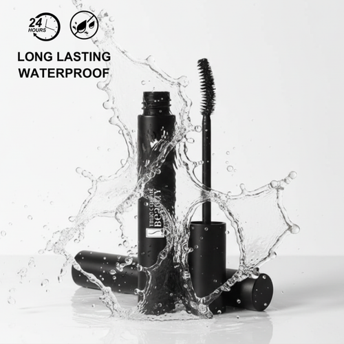 Black mascara with water splashes on a white background, featuring '24 Hours' and 'Long Lasting Waterproof' text.