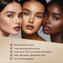 Three women with different skin tones and a list of product features on a beige background.