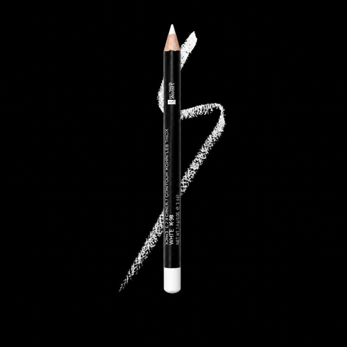 White eyeliner pencil and swatch on a black background