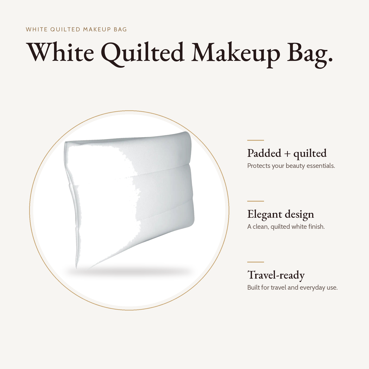 White Quilted Makeup Bag - Padded Cosmetic Pouch Travel Organizer product details and size