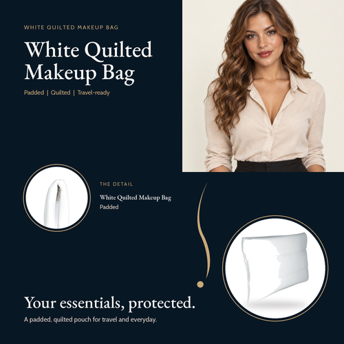 White Quilted Makeup Bag - Padded Cosmetic Pouch Travel Organizer, image 4