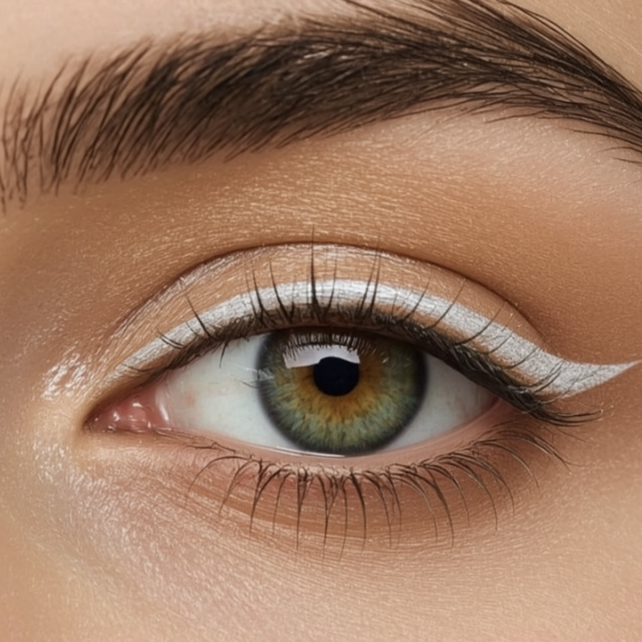 Close-up of a person's eye with green iris and brown eyebrow