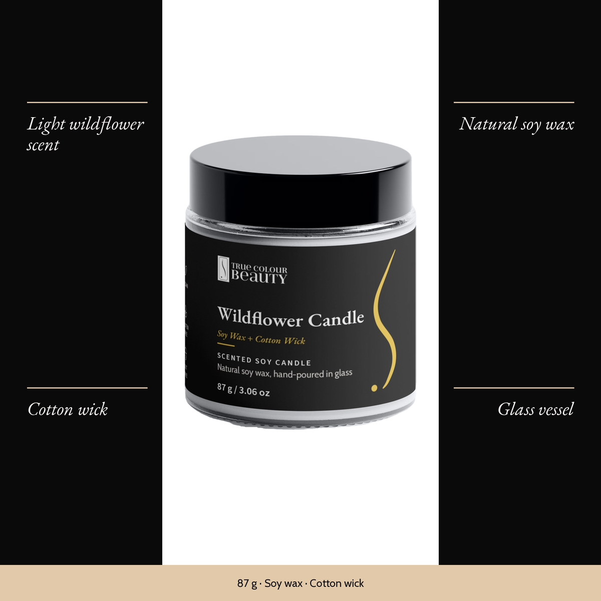 Wildflower Candle with four features: light wildflower scent, natural soy wax, cotton wick, glass vessel