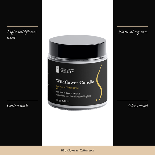 Wildflower Candle with four features: light wildflower scent, natural soy wax, cotton wick, glass vessel