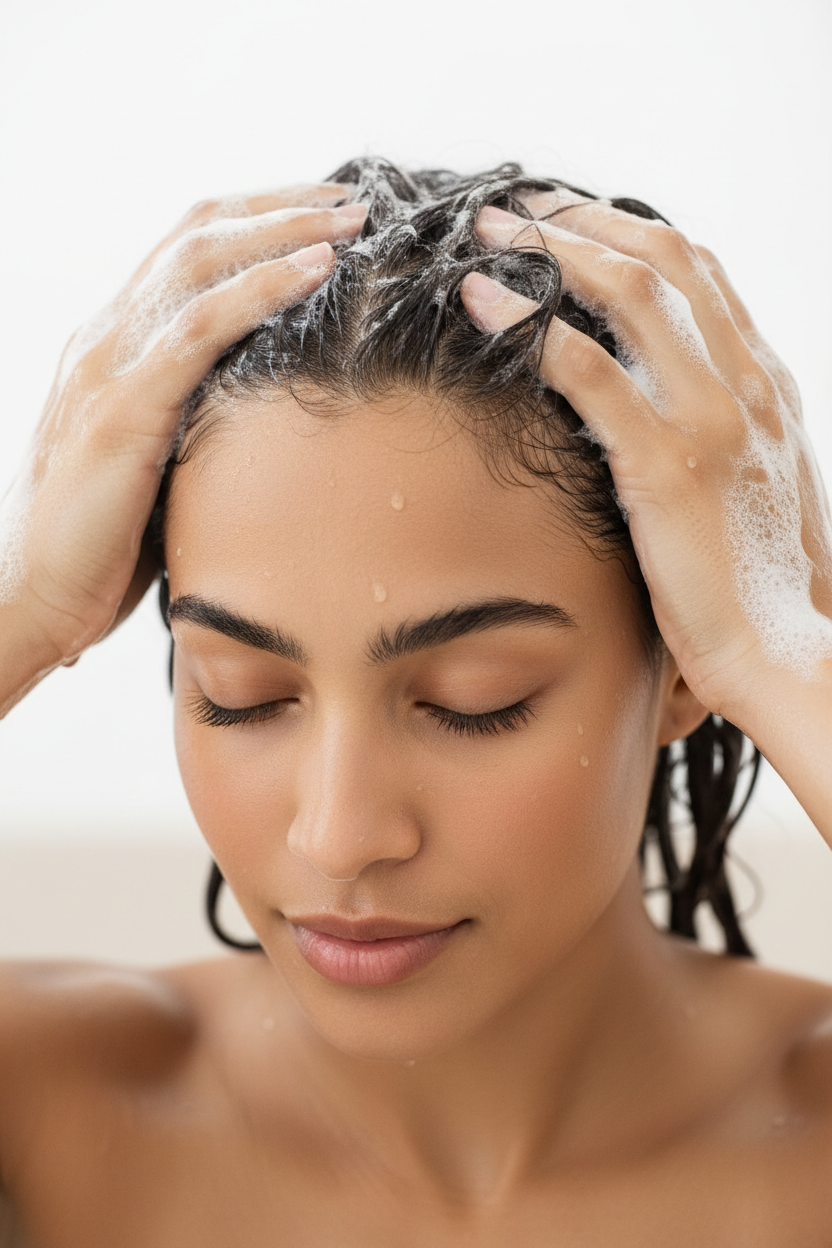Woman shampooing hair