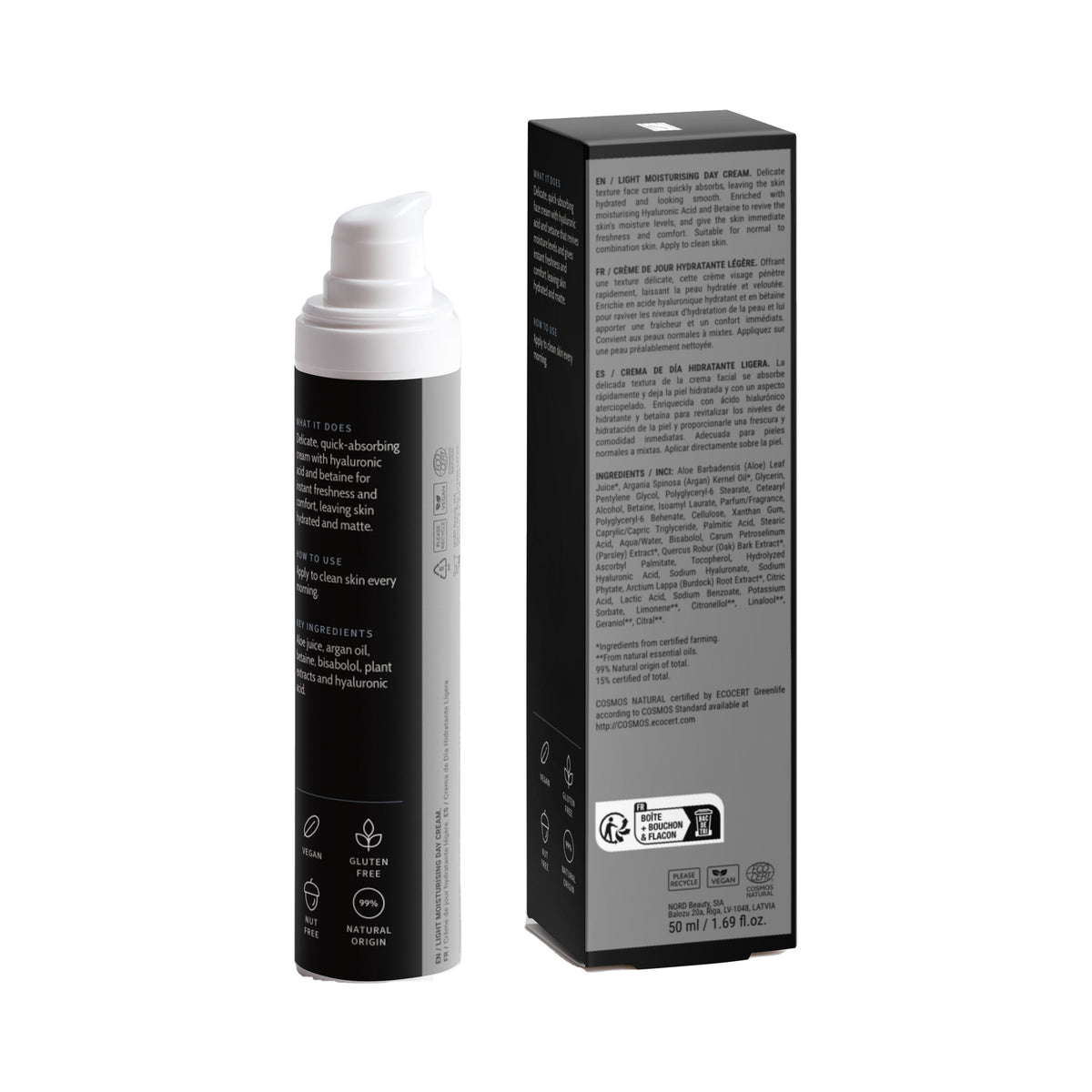 Light Moisturizing Day Cream, bottle and box, back view with ingredients and directions