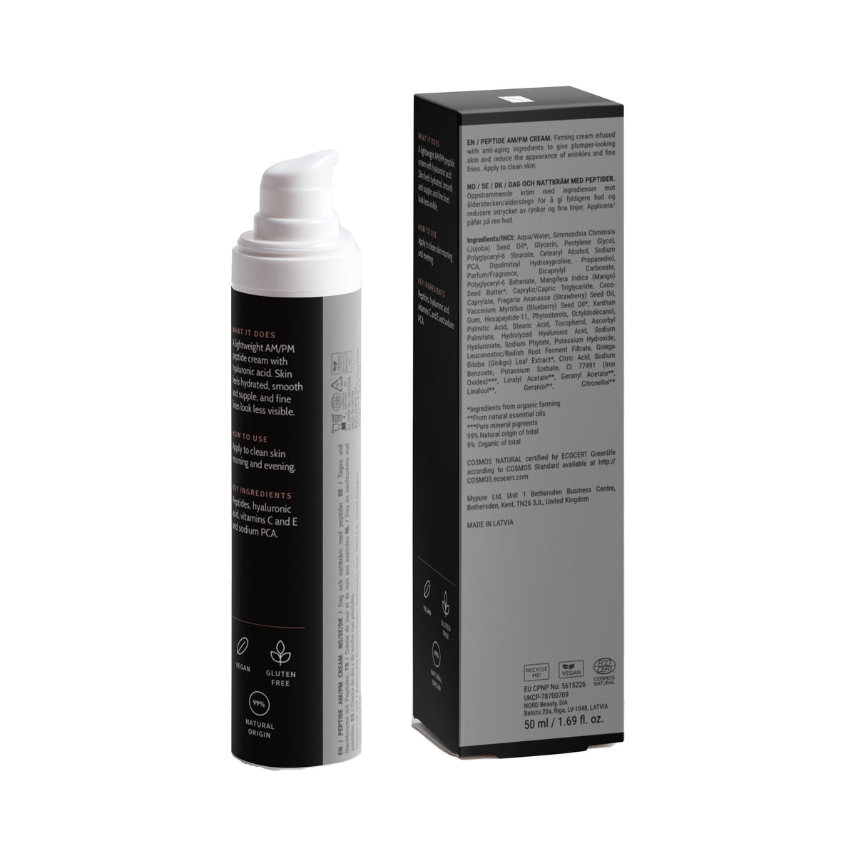 Peptide Renewal Moisturizer, bottle and box, back view with ingredients and directions