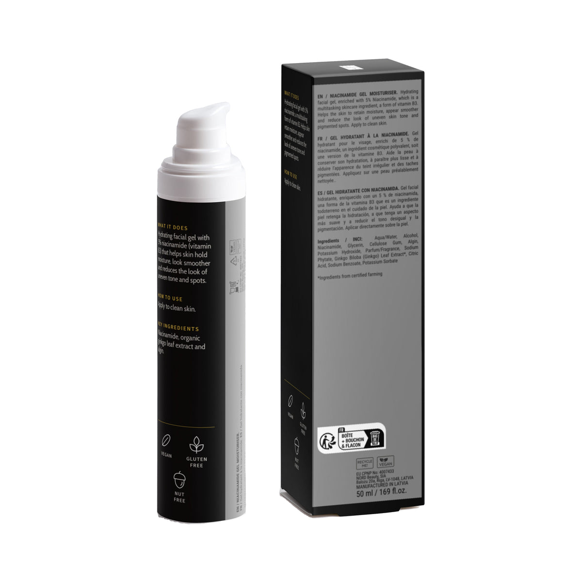 Niacinamide Gel Moisturizer, bottle and box, back view with ingredients and directions