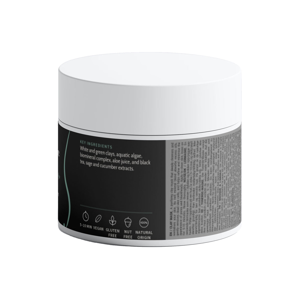 Blemish Care Clay Mask jar, back label with ingredients and directions